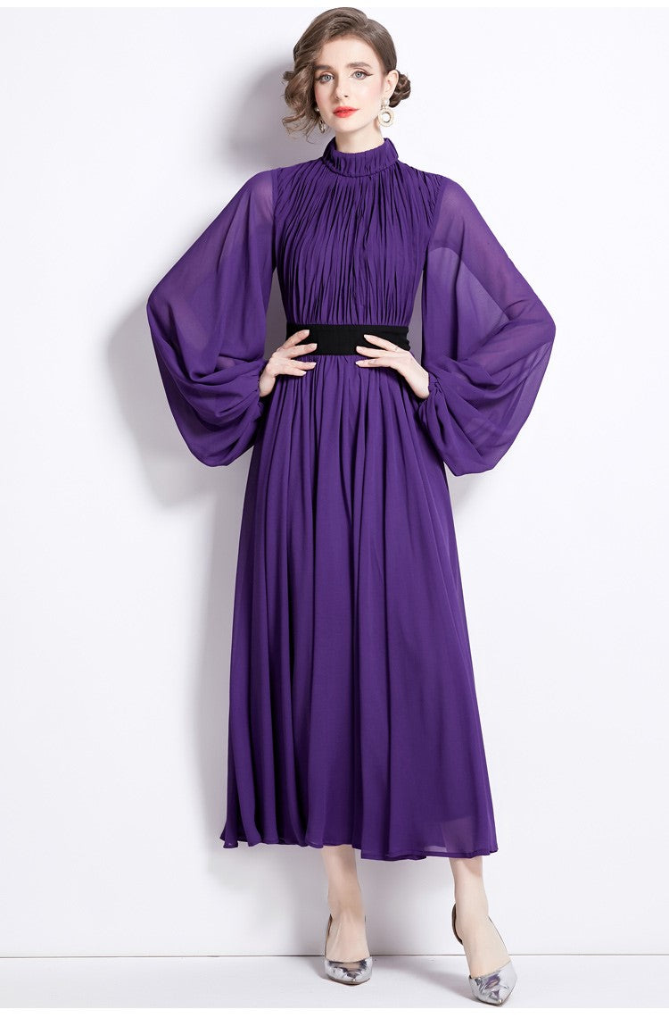 Cinched Waist Flowing Purple Chiffon Maxi Dress