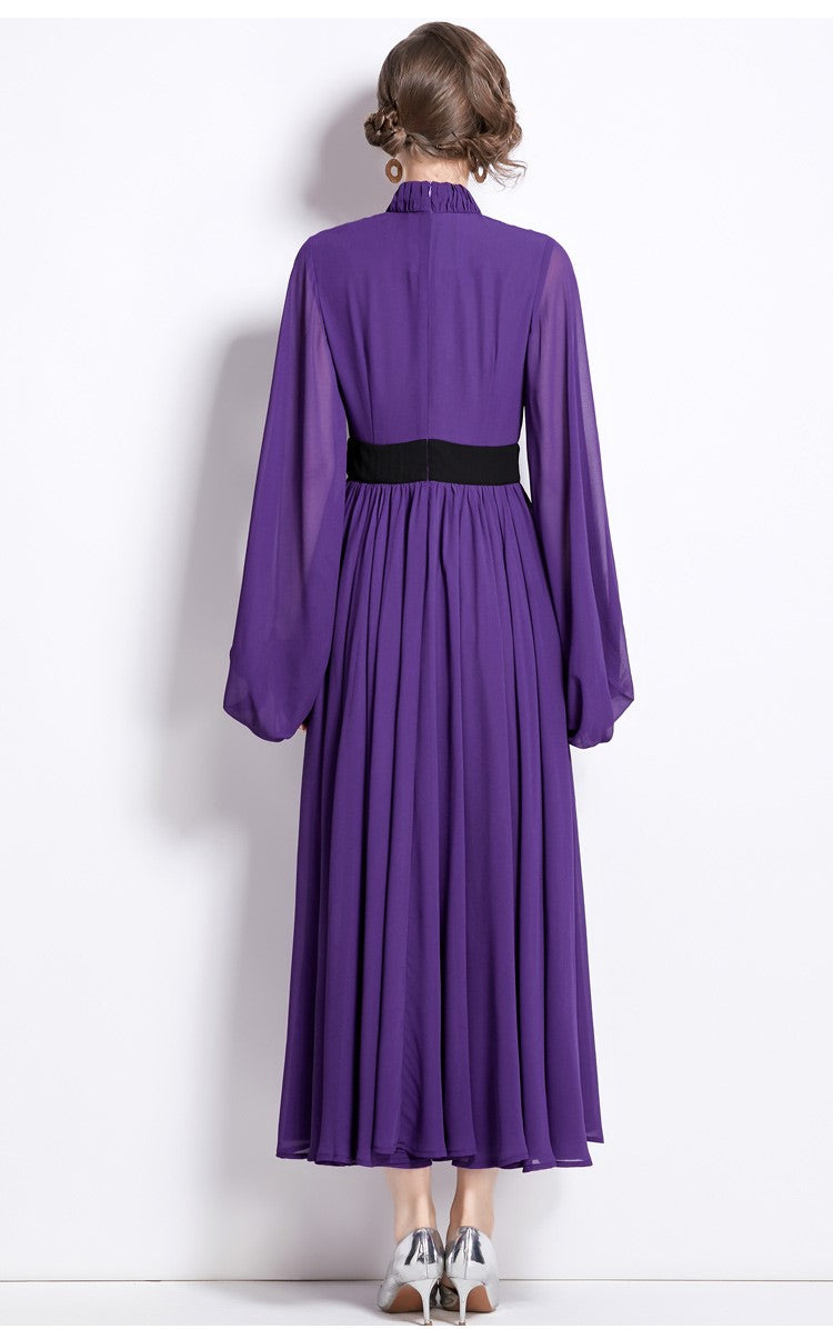 Cinched Waist Flowing Purple Chiffon Maxi Dress