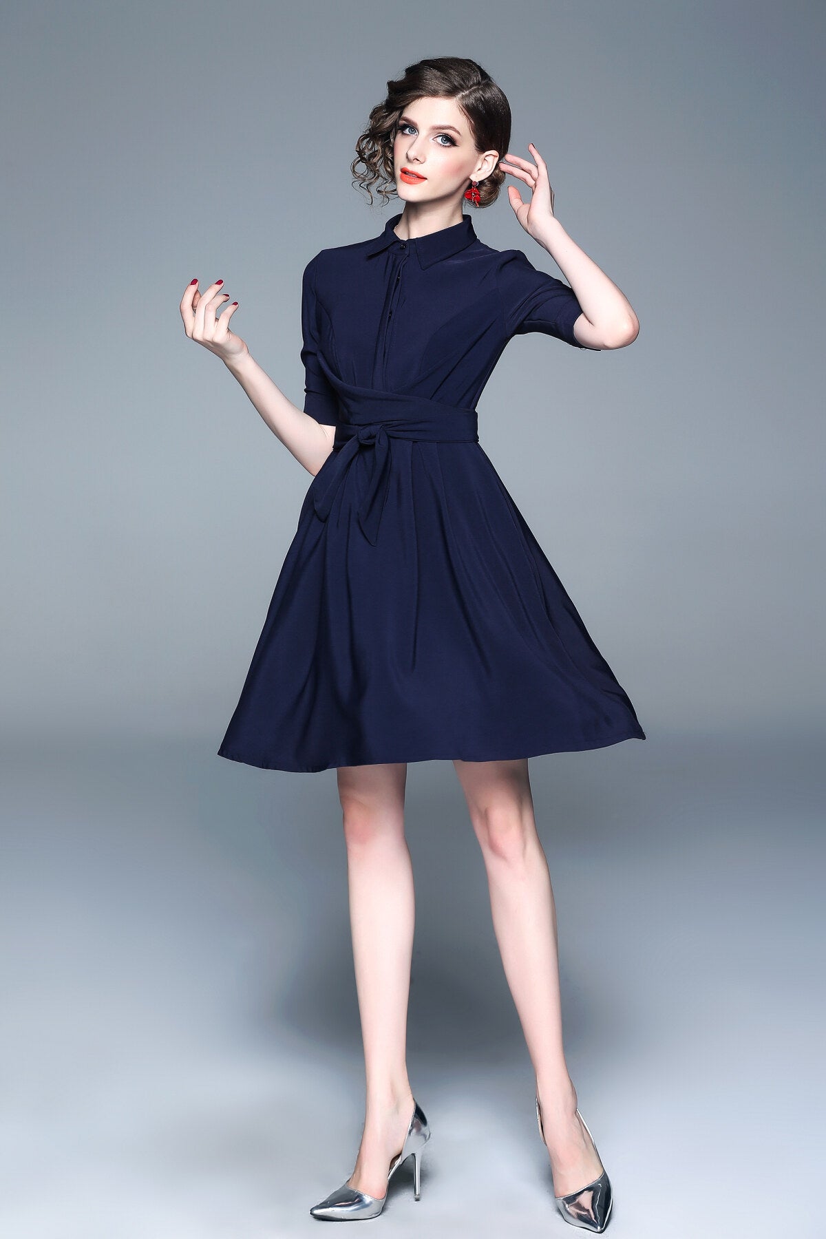 Classic Navy Blue Belted Shirt Dress