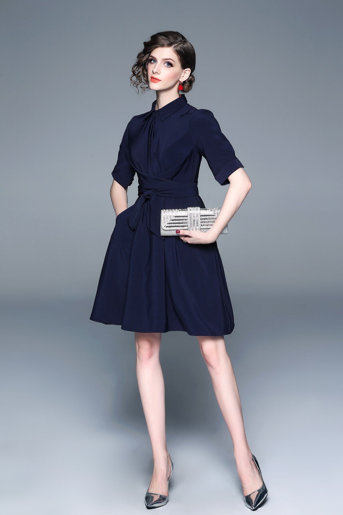 Classic Navy Blue Belted Shirt Dress
