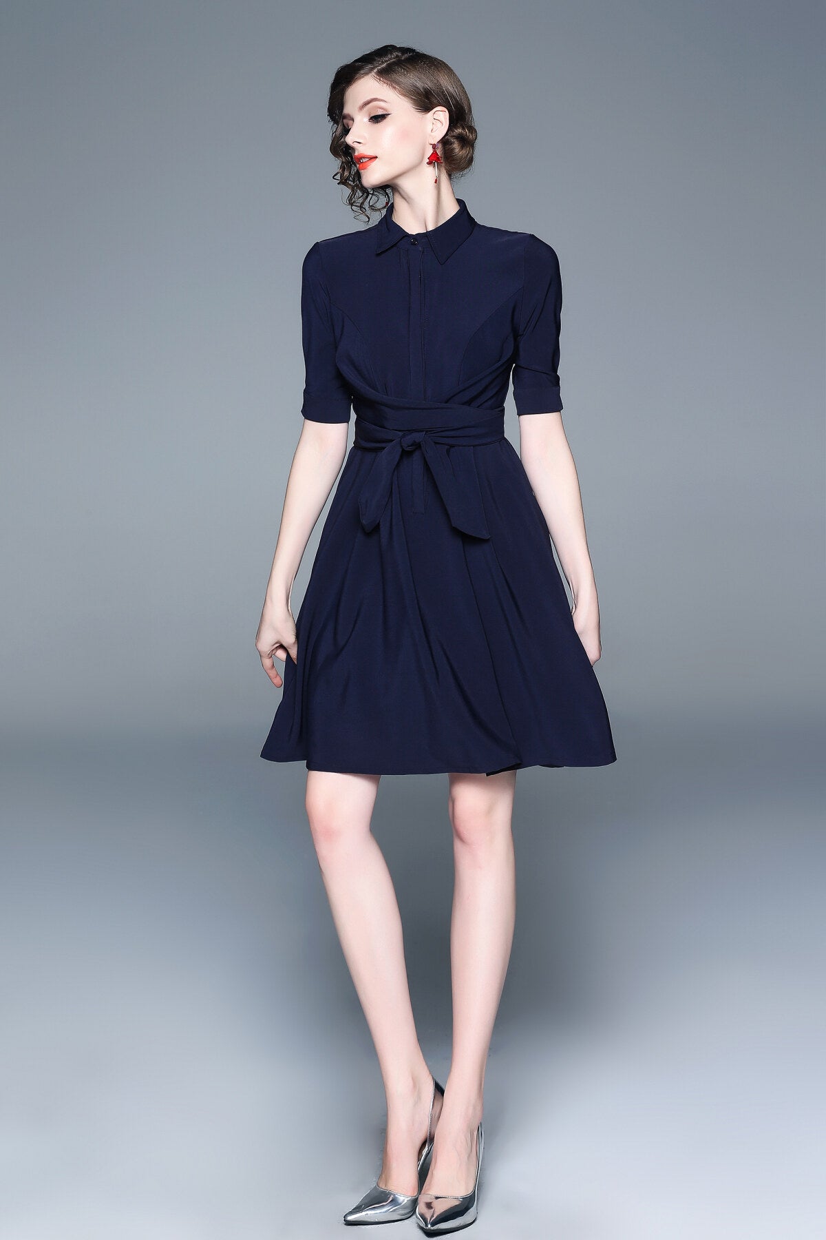 Classic Navy Blue Belted Shirt Dress