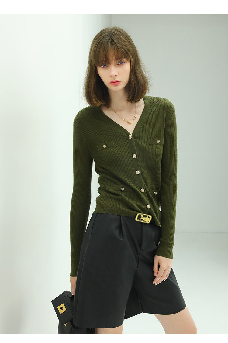 Classic V Neck Rib Green Knit Cardigan