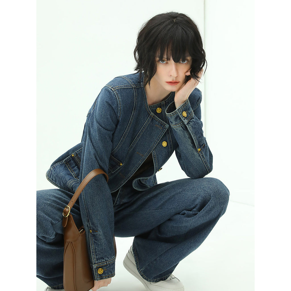 Collarless Blue Denim Jacket-2