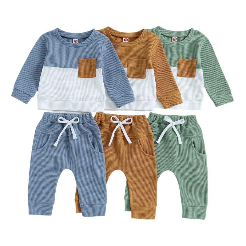 Color Matching Sweater With Chest Pocket & Lace-Up Sweatpants 2-Piece Baby Boy Casual Clothing Set For 0-3 Year Olds