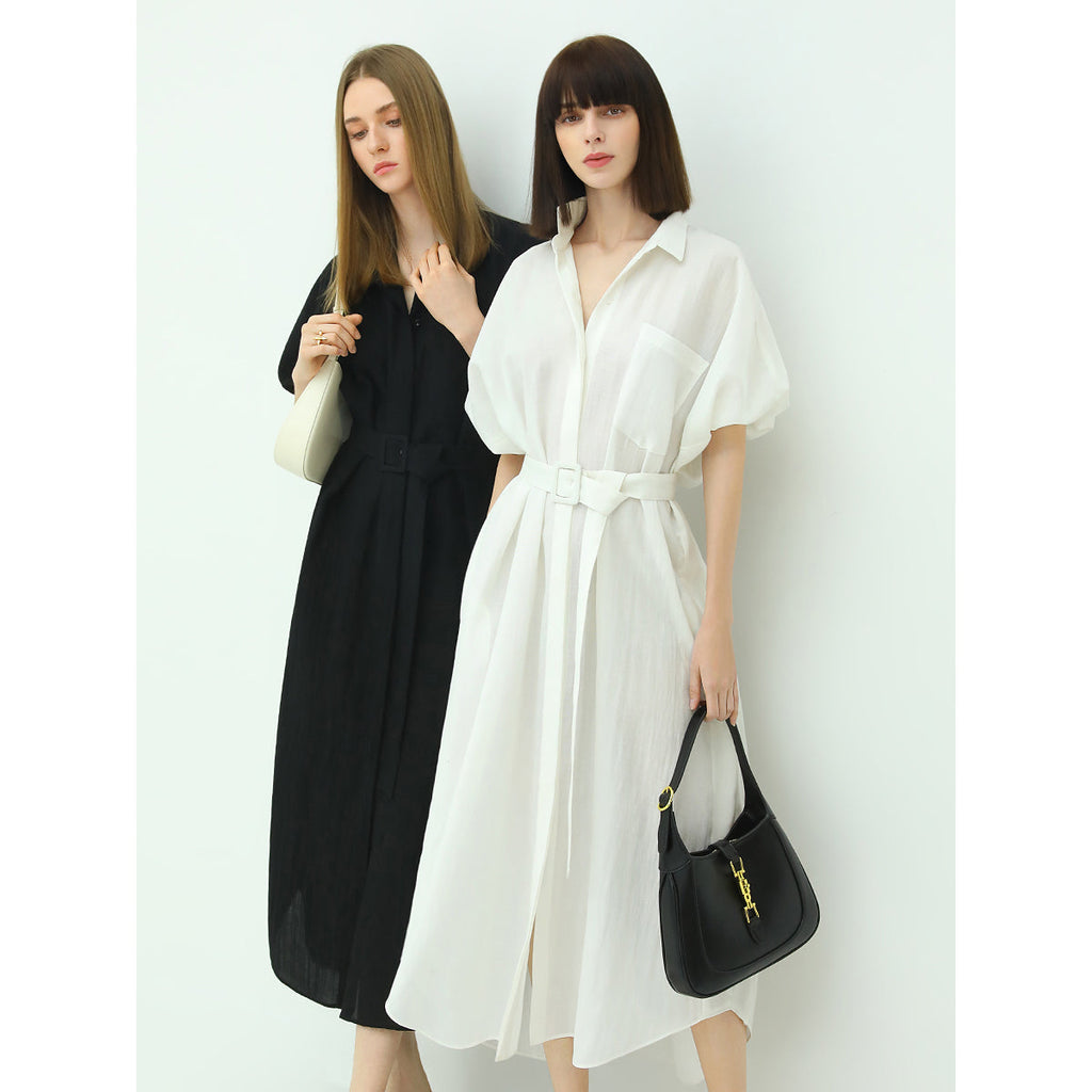Corporate Puff Sleeved Belted Shirt Dress-3
