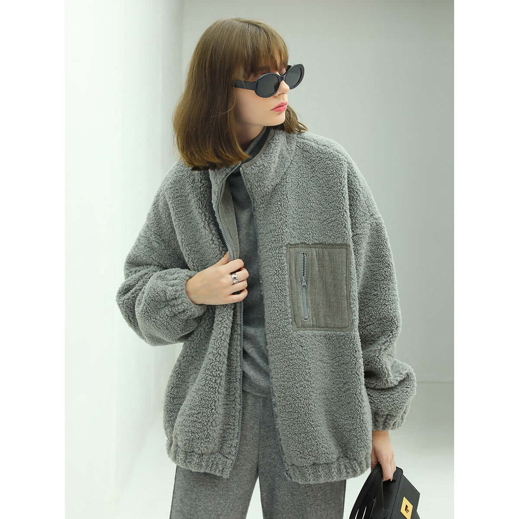 Cozy Zip Up Grey Plush Jacket-0