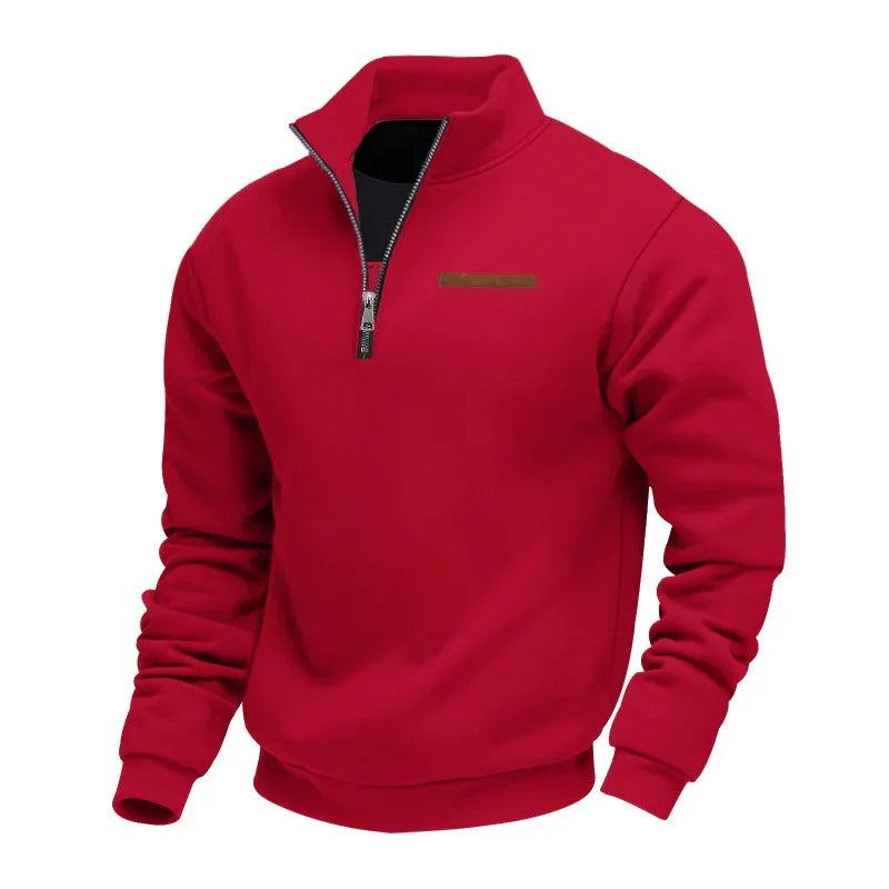 Fleece-Lined Mid-Length Zip-Up Loose-Fit Stand-Up Collar Casual Sweater
