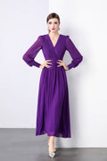Deep Purple Long Sleeve V Neck Ruched Waist Maxi Dress