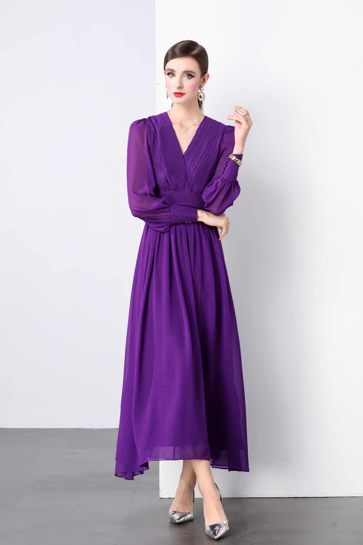 Deep Purple Long Sleeve V Neck Ruched Waist Maxi Dress