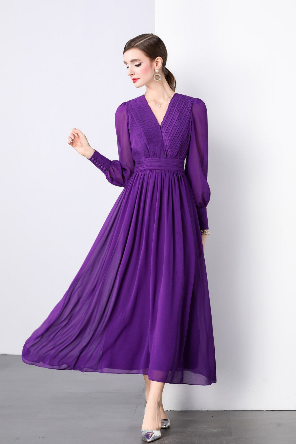 Deep Purple Long Sleeve V Neck Ruched Waist Maxi Dress