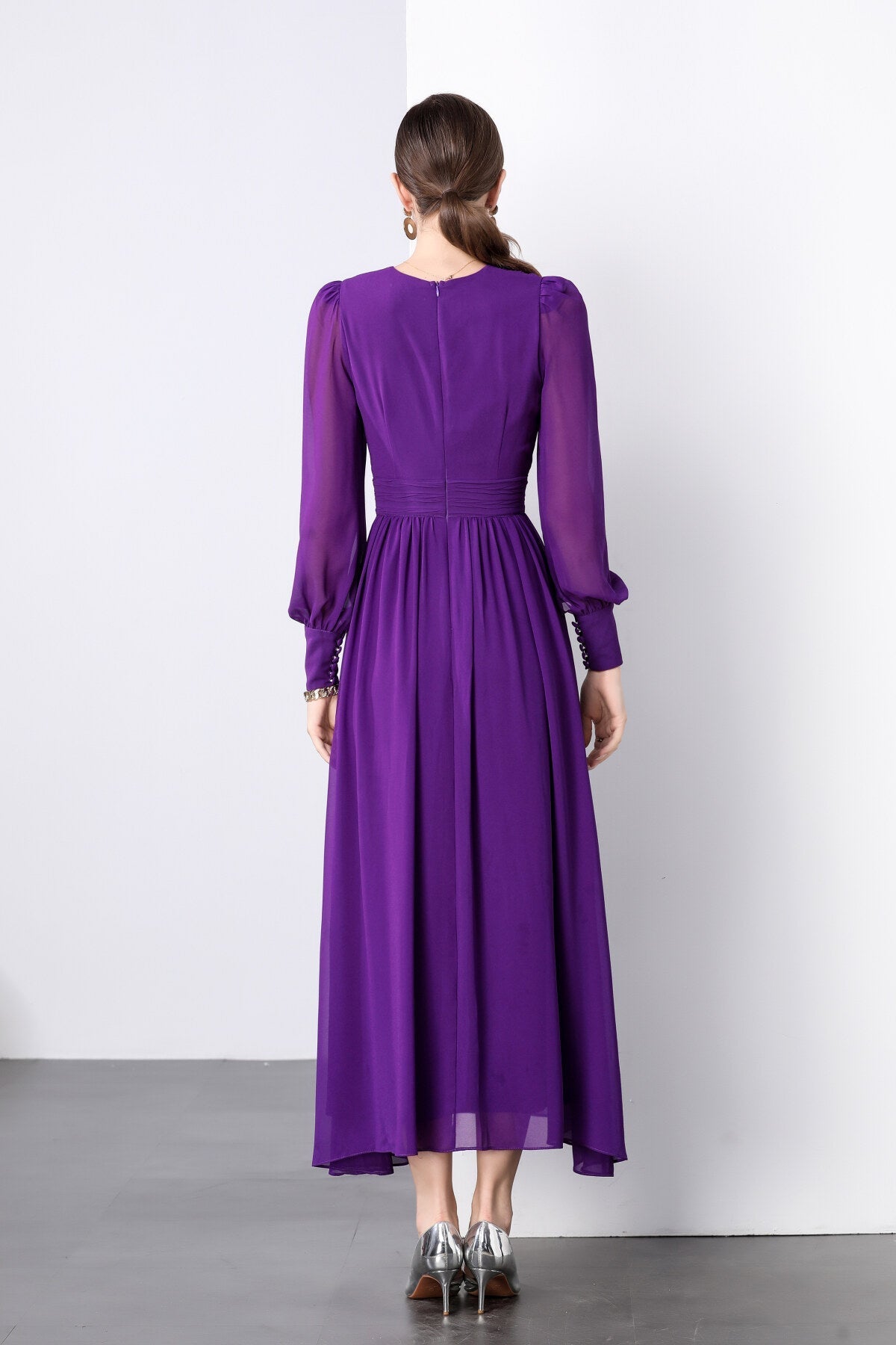 Deep Purple Long Sleeve V Neck Ruched Waist Maxi Dress