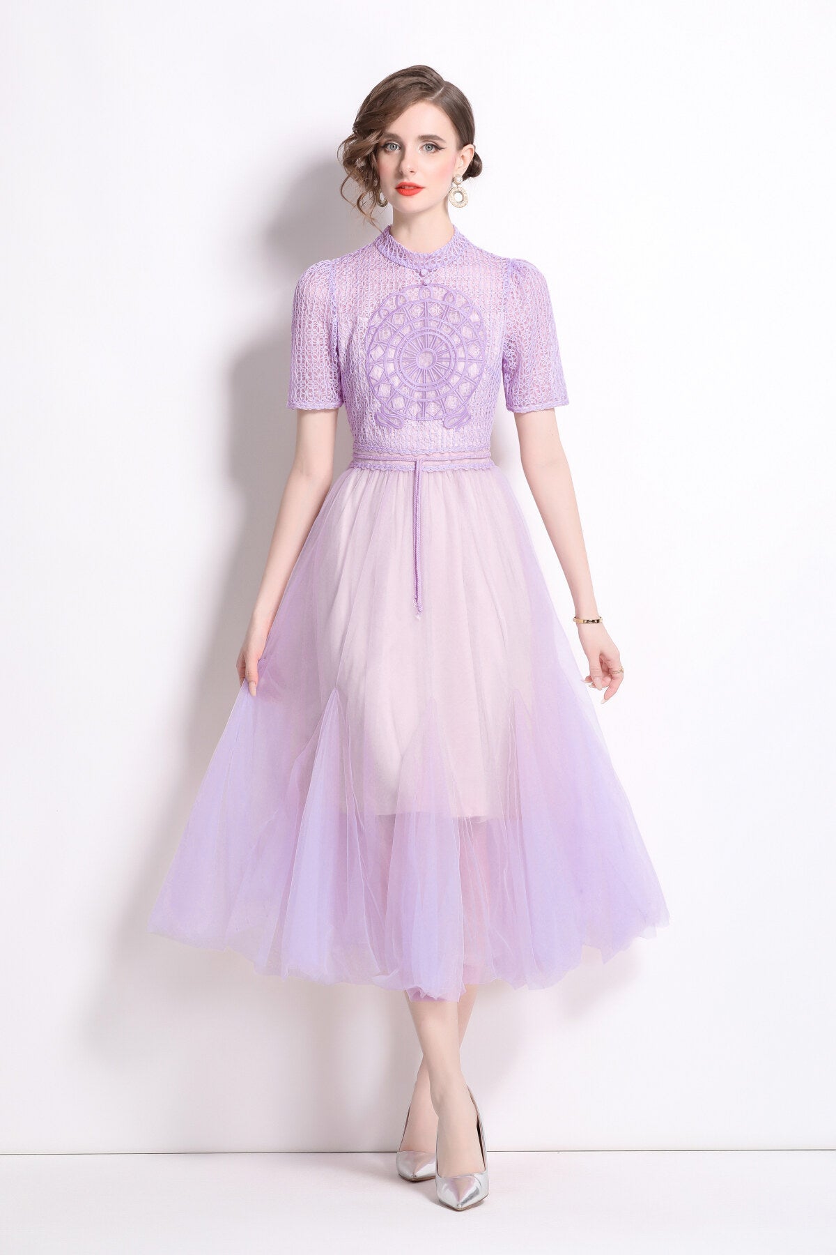 Delicate Mesh High Waisted Midi Dress-4