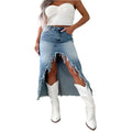 Denim High Waist Irregular Raw Hem Worn Looking Washed-Out Skirt