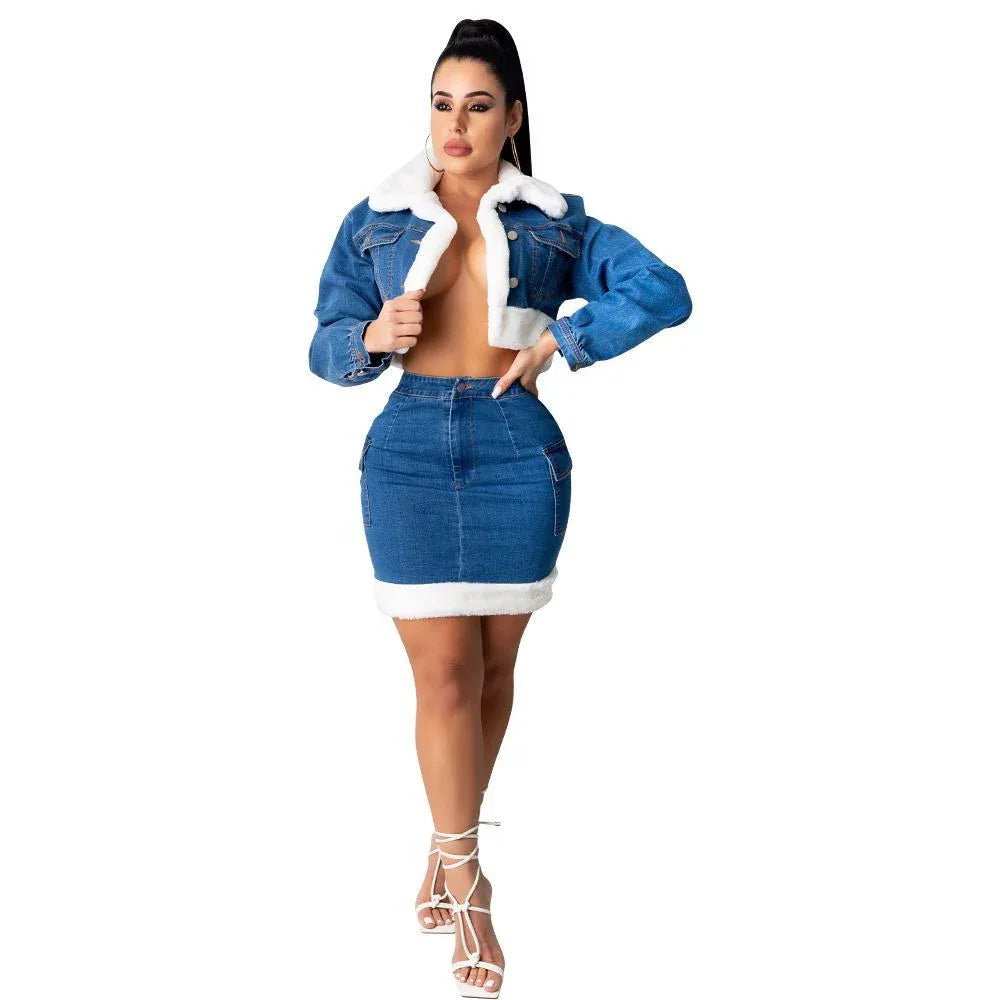 Denim Skirt Plush Denim Two-Piece Suit