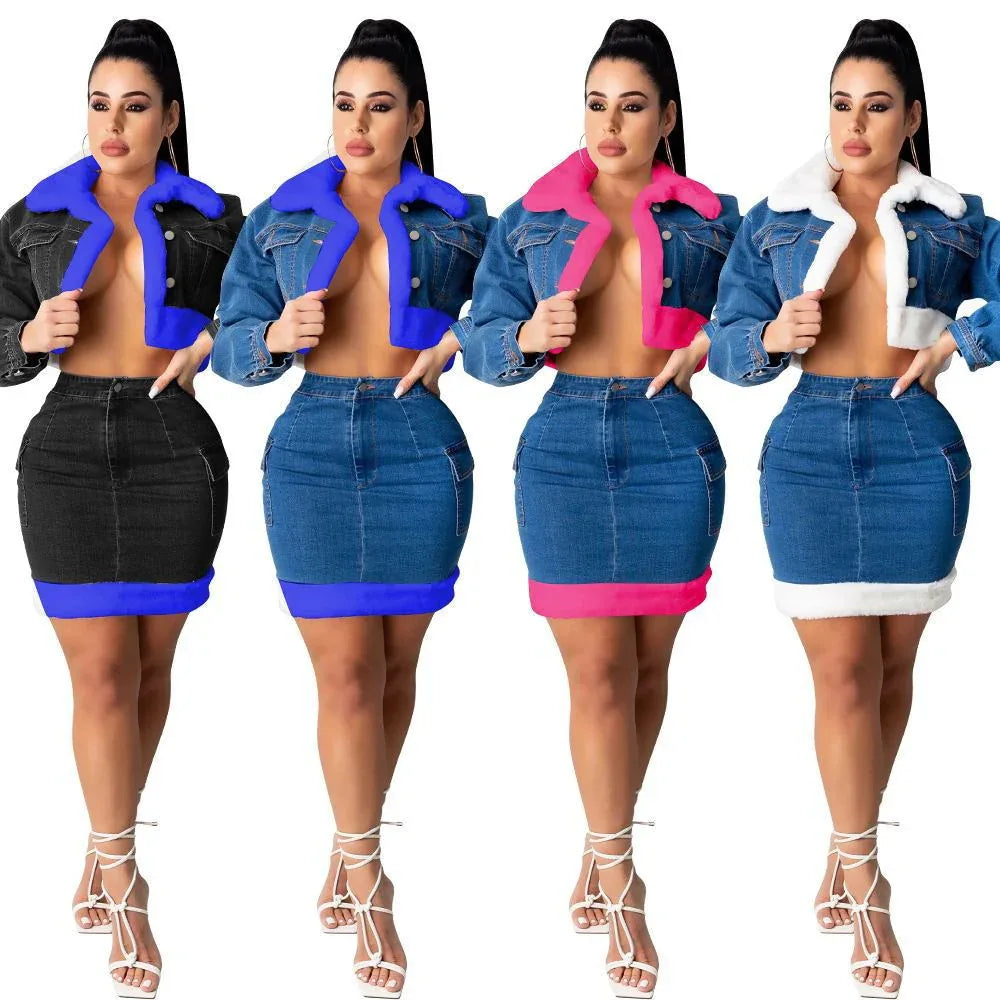 Denim Skirt Plush Denim Two-Piece Suit