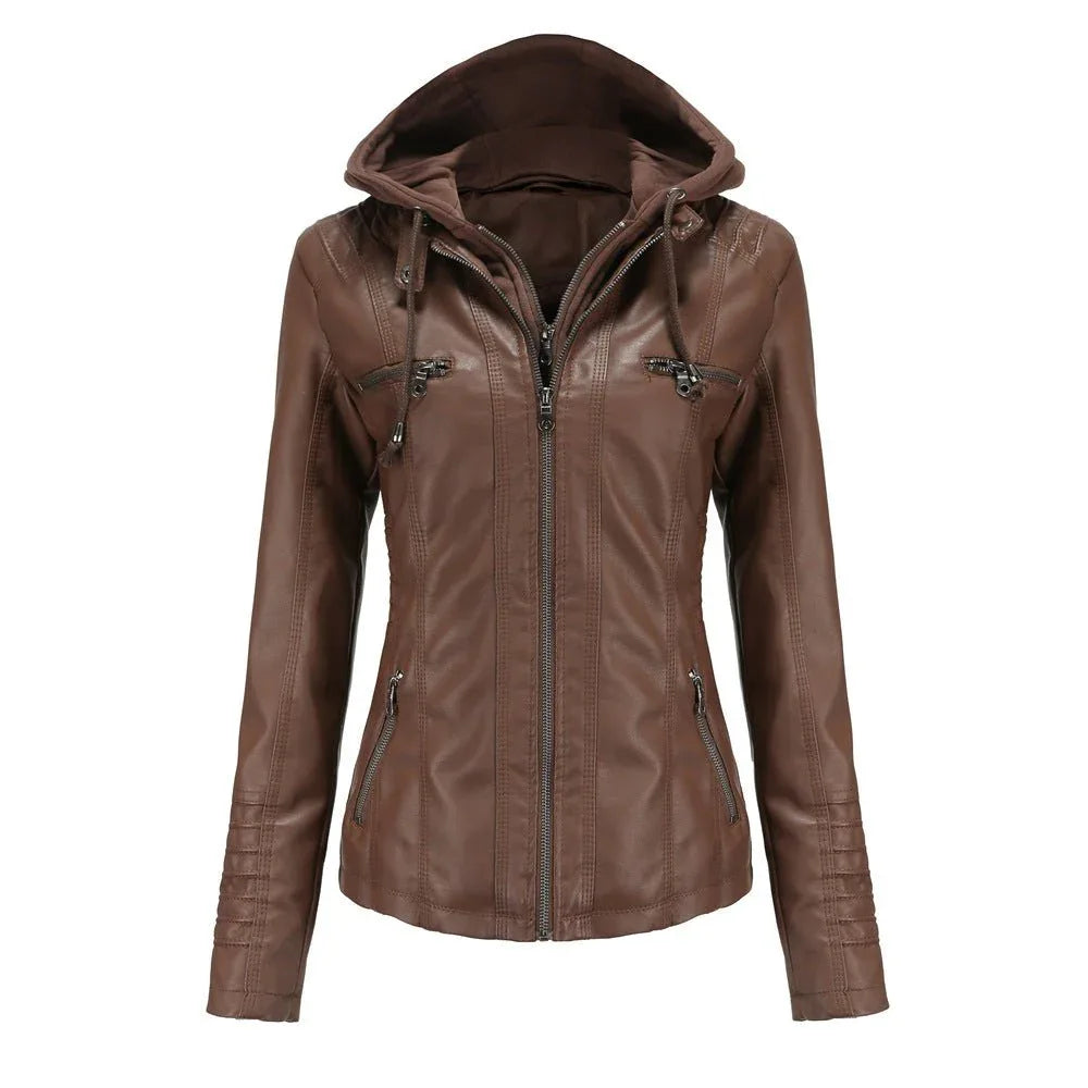 Detachable Two-Piece Hooded Leather Jacket For Women