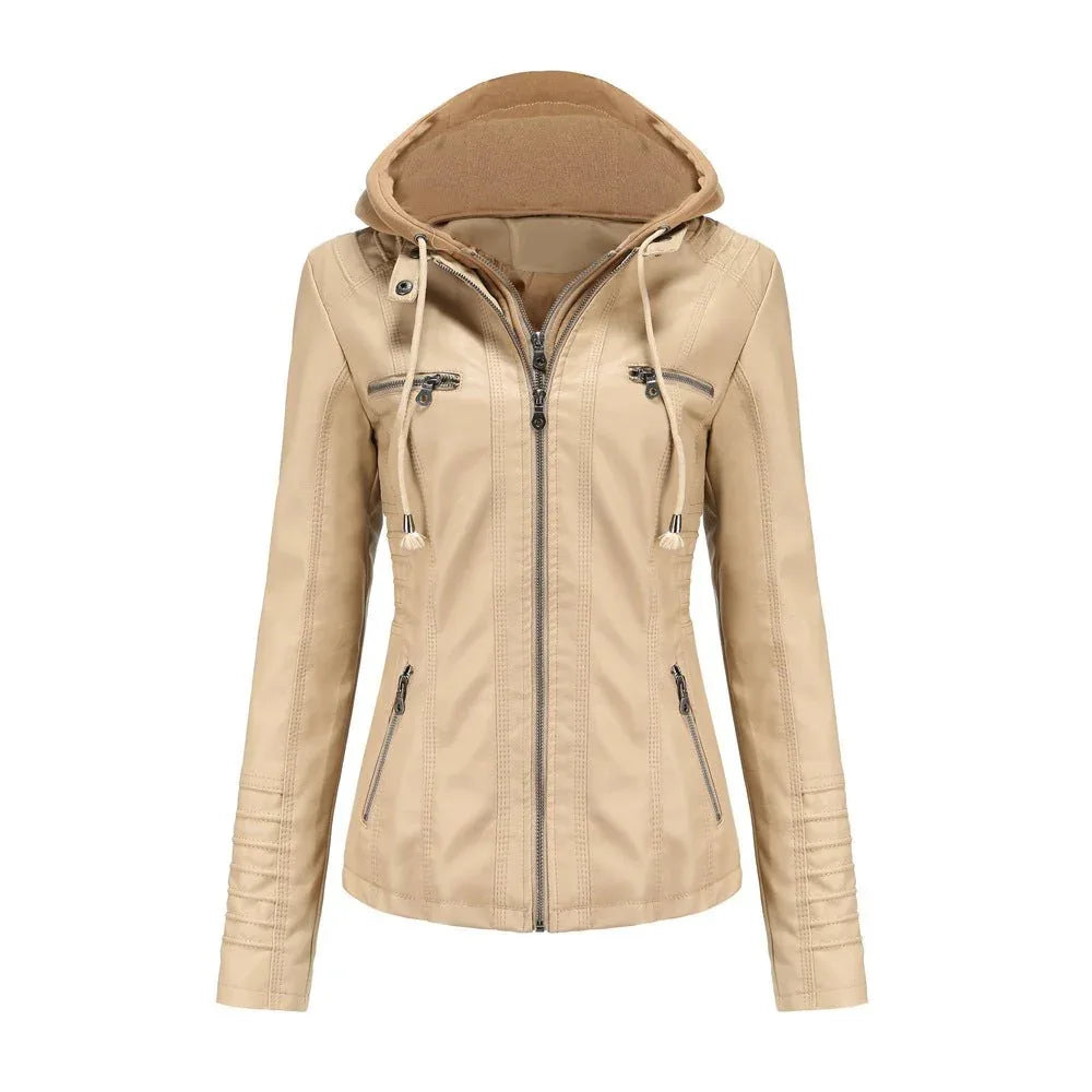 Detachable Two-Piece Hooded Leather Jacket For Women
