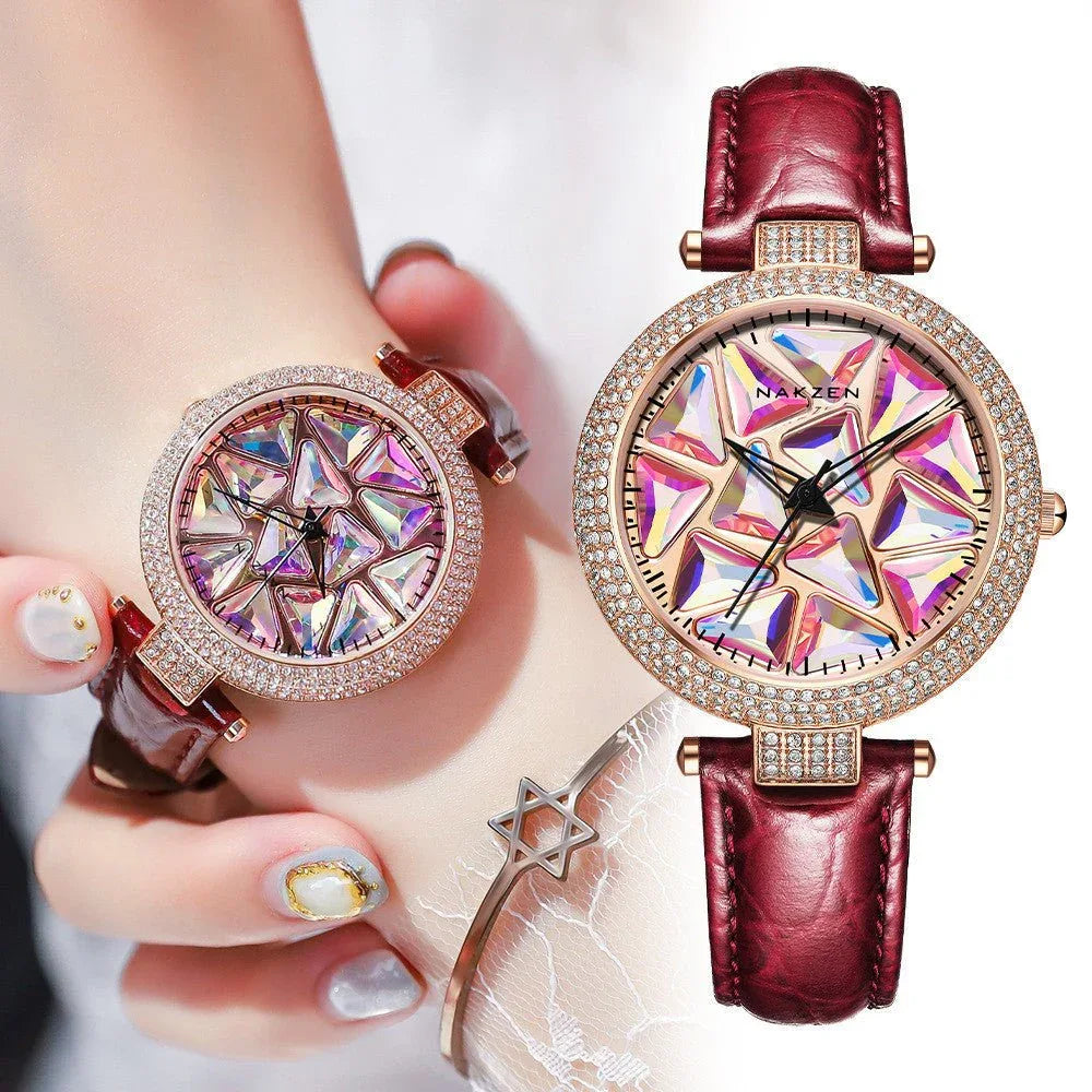 Diamond Dial Leather Strap Women's Watches