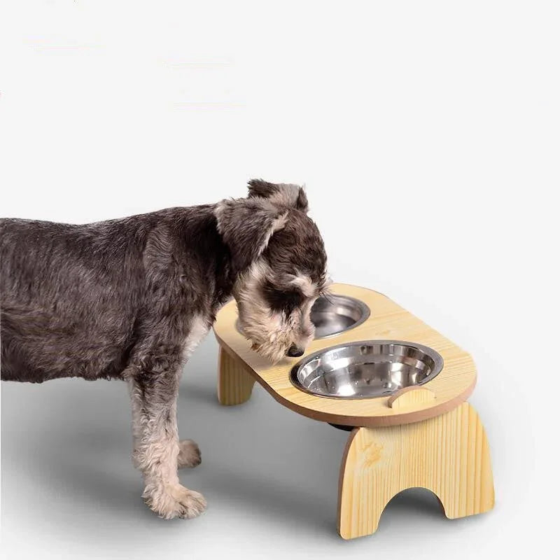 Double Pet Dog Bowl With Wooden Stand