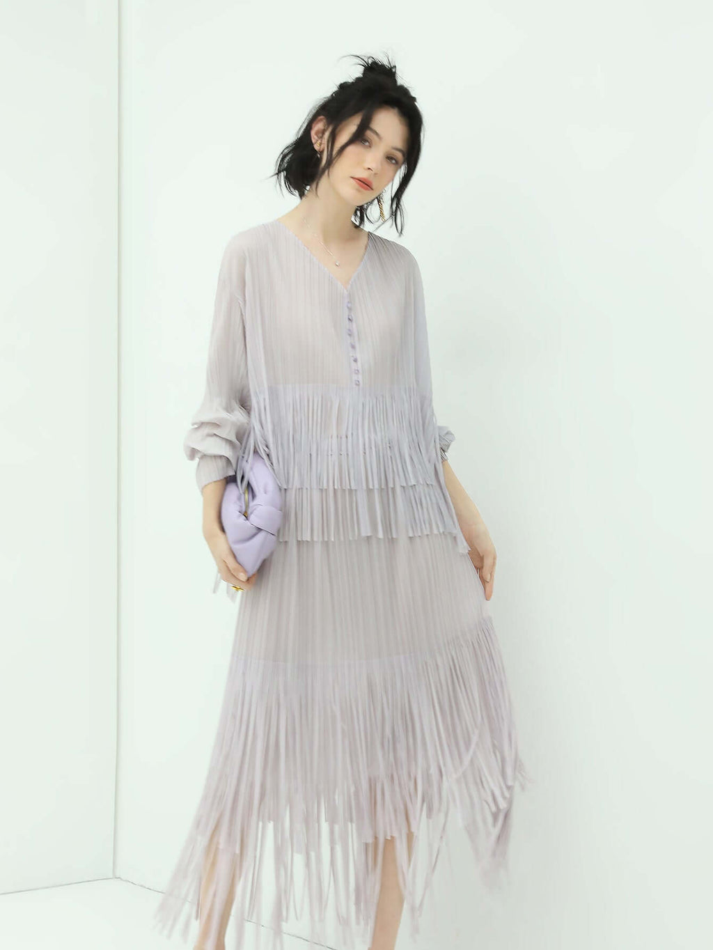 Dreamy Feminine Lilac Pleated Midi Skirt-0