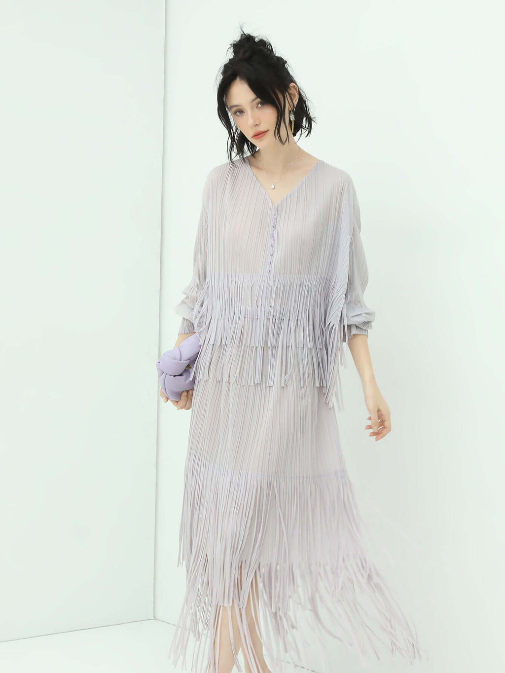 Dreamy Feminine Lilac Pleated Midi Skirt-1