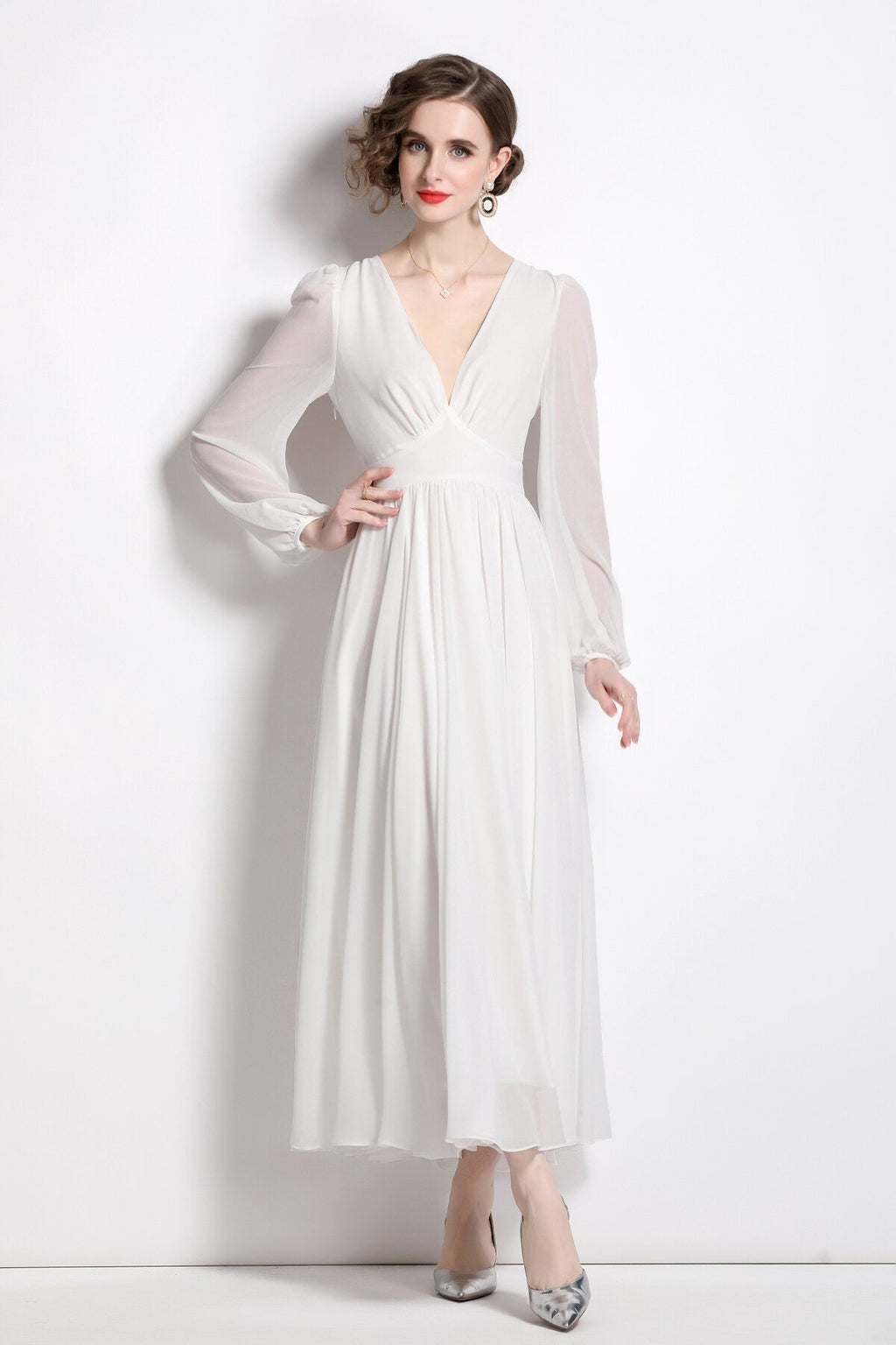 Dreamy White Long Sleeve V Neck Maxi Dress