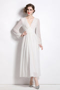 Dreamy White Long Sleeve V Neck Maxi Dress