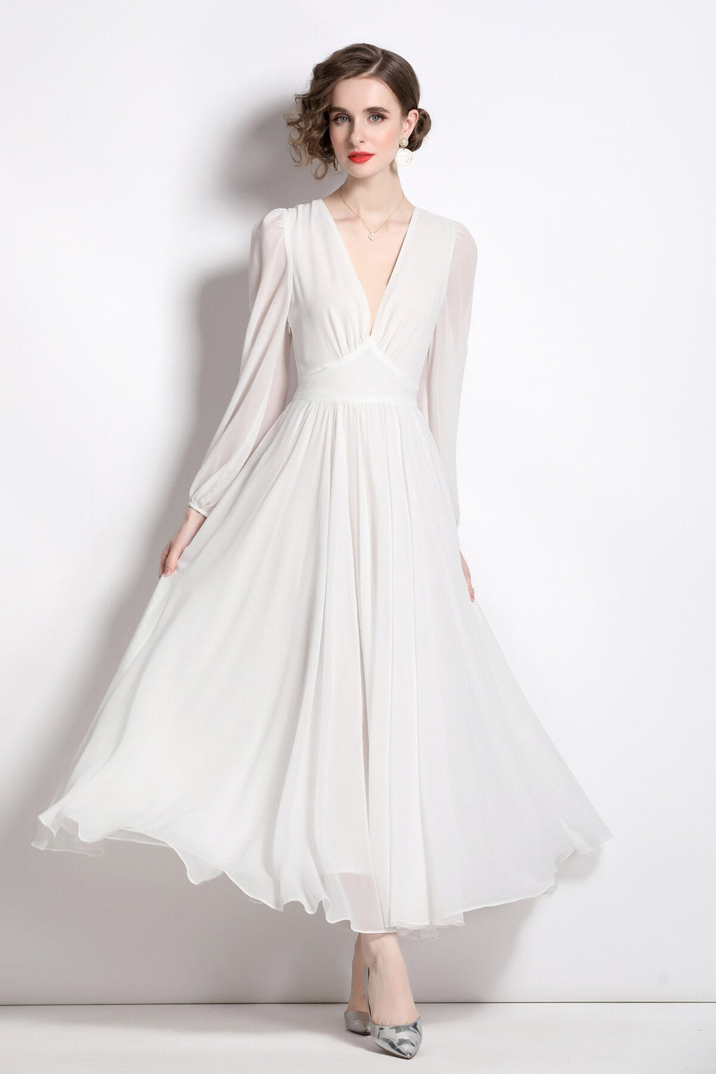 Dreamy White Long Sleeve V Neck Maxi Dress