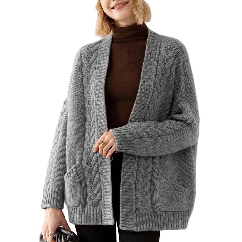 Women's V-Neck Temperament Knitted Loose Twist Mid-Length Sweater