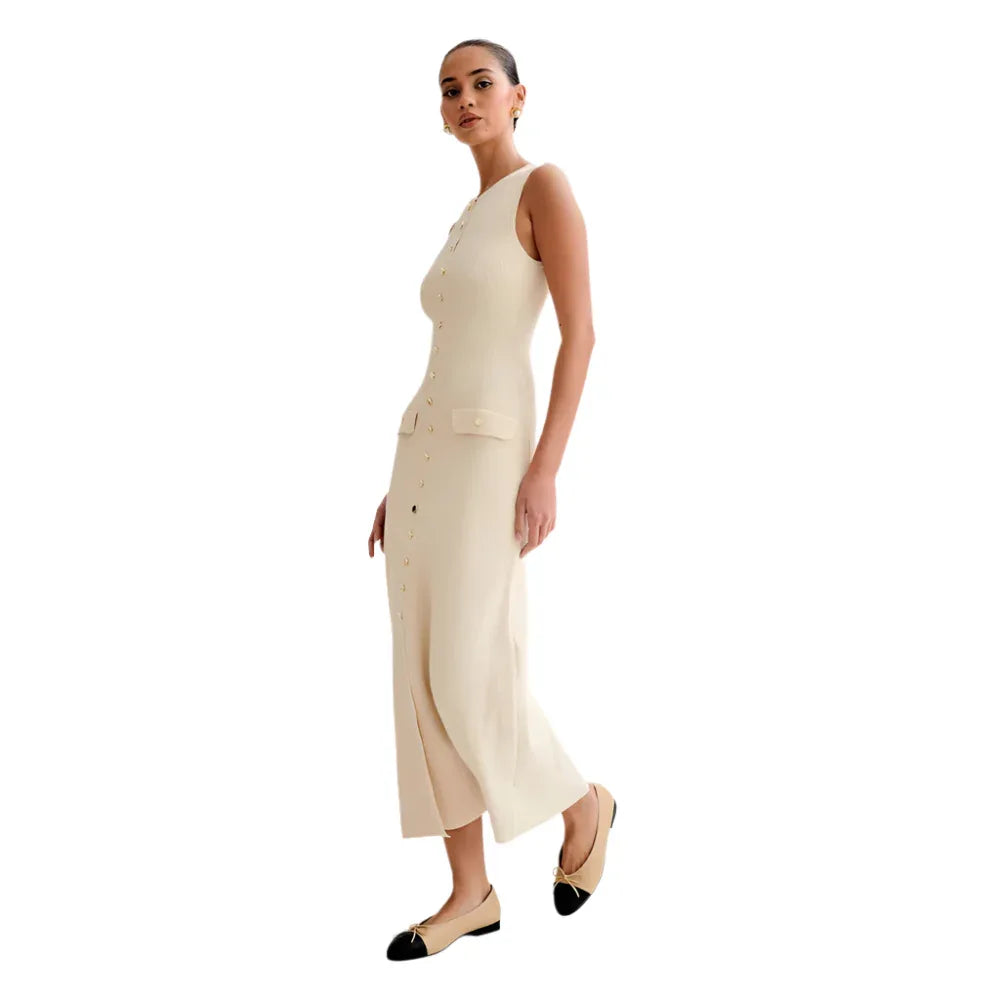 Elegant Knitted Sleeveless Dress With Single Breast Slim Fit Round Neck Women's Clothing