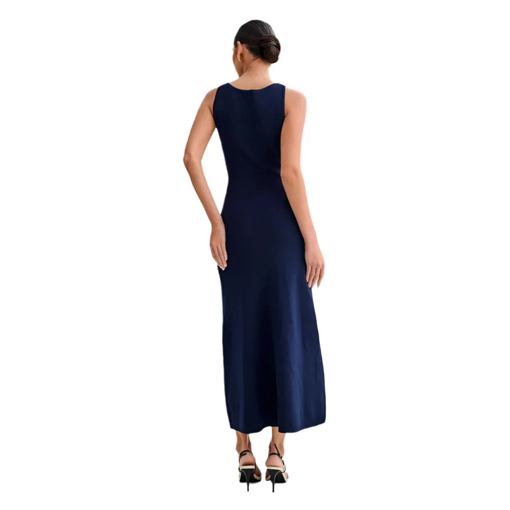 Elegant Knitted Sleeveless Dress With Single Breast Slim Fit Round Neck Women's Clothing