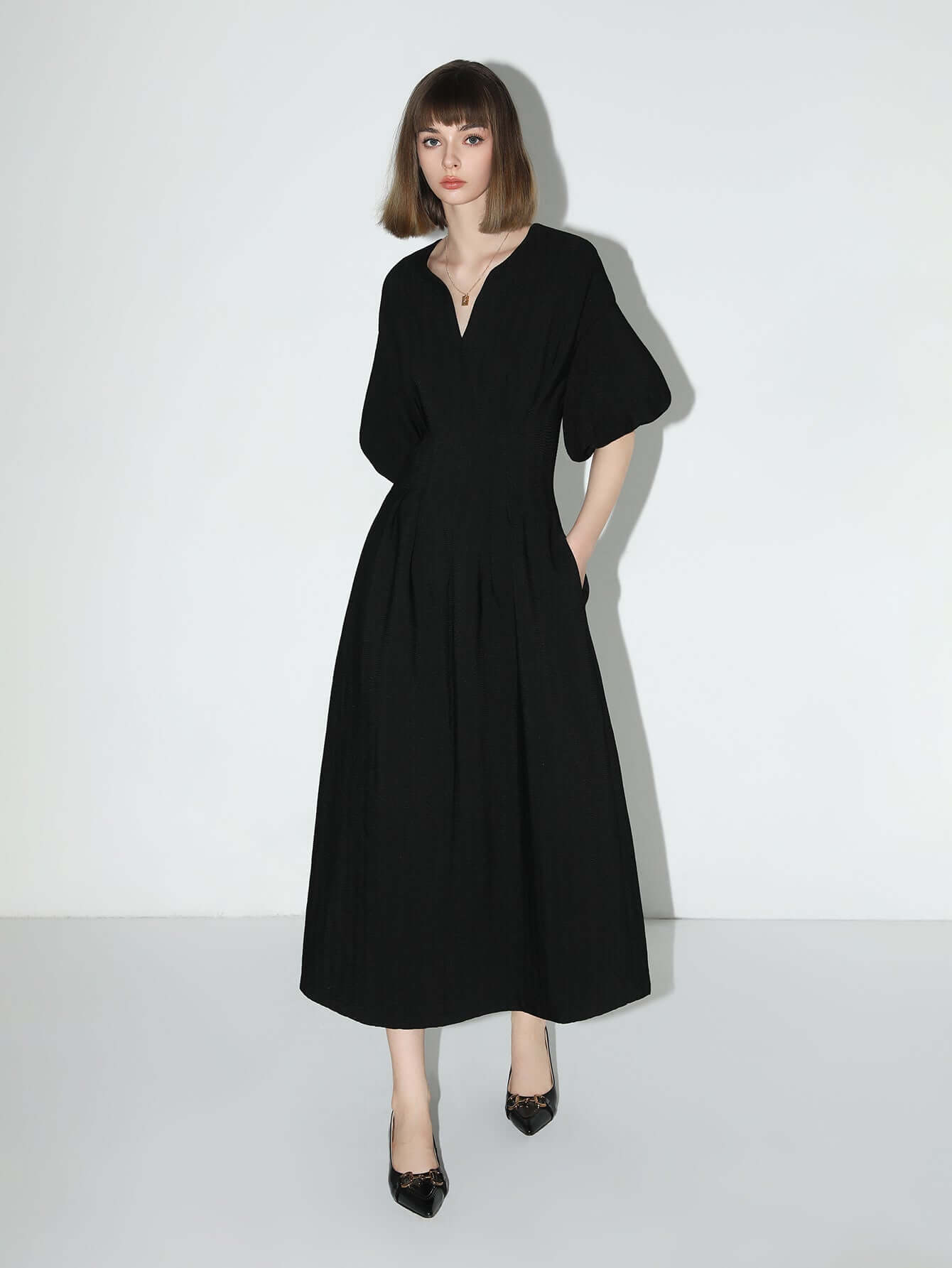 Elegant Textured Pleated French Tea Dress-0