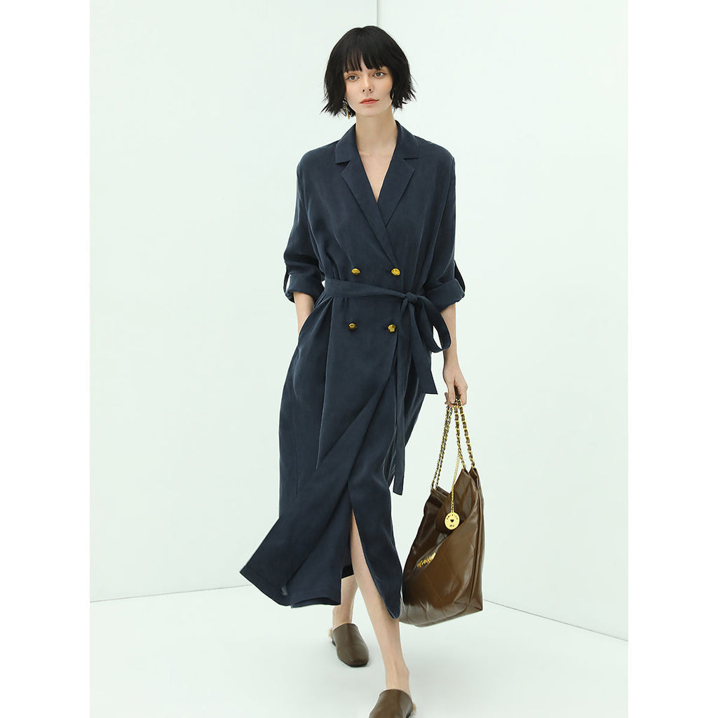 Elite Double Breasted Silk Drape Navy Blazer Dress