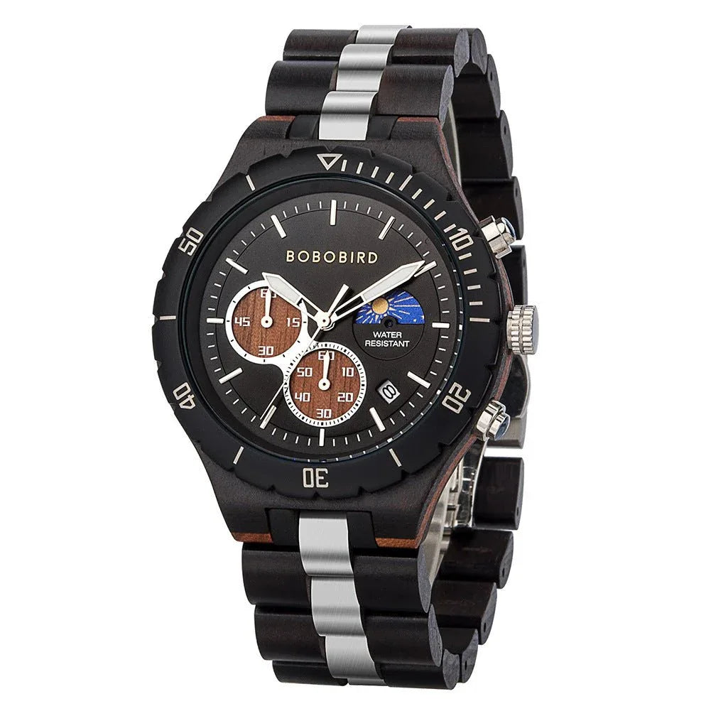 Engraved Multi-Function Quartz Wooden Watch For Men