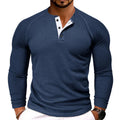 Men's Round Neck Waffle Casual Buttoned Long Sleeve T-Shirt