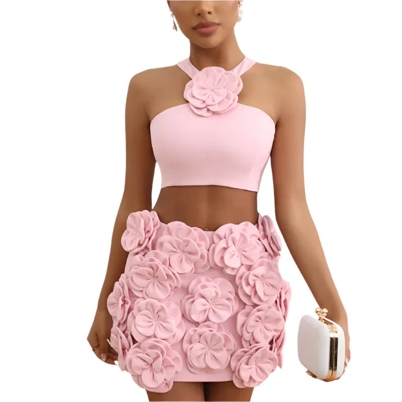 Fashion Clothing Set Crop Top & Decorative Flower Skirt