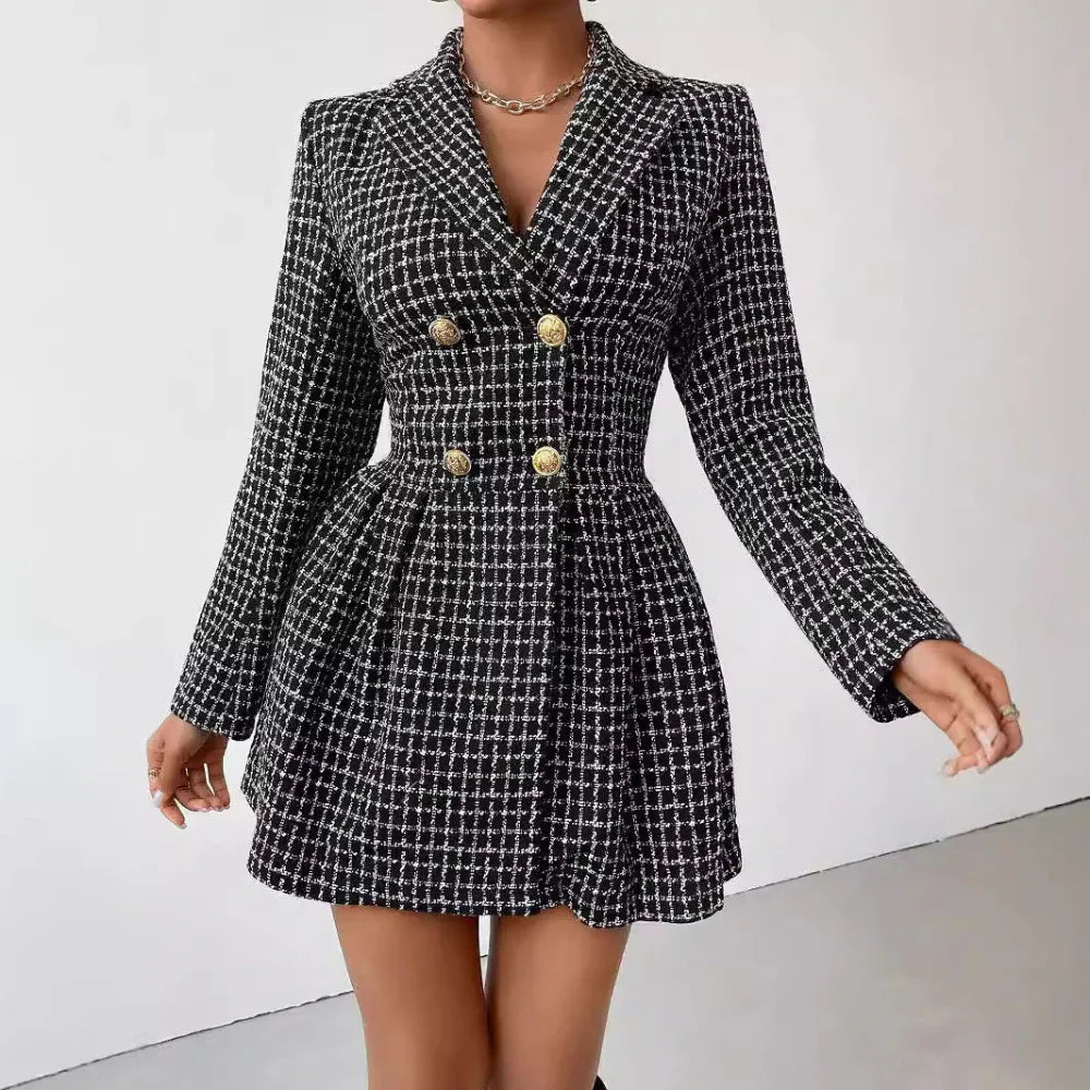 Fashion Plaid Temperament Commute V-Neck Long Sleeve Coat