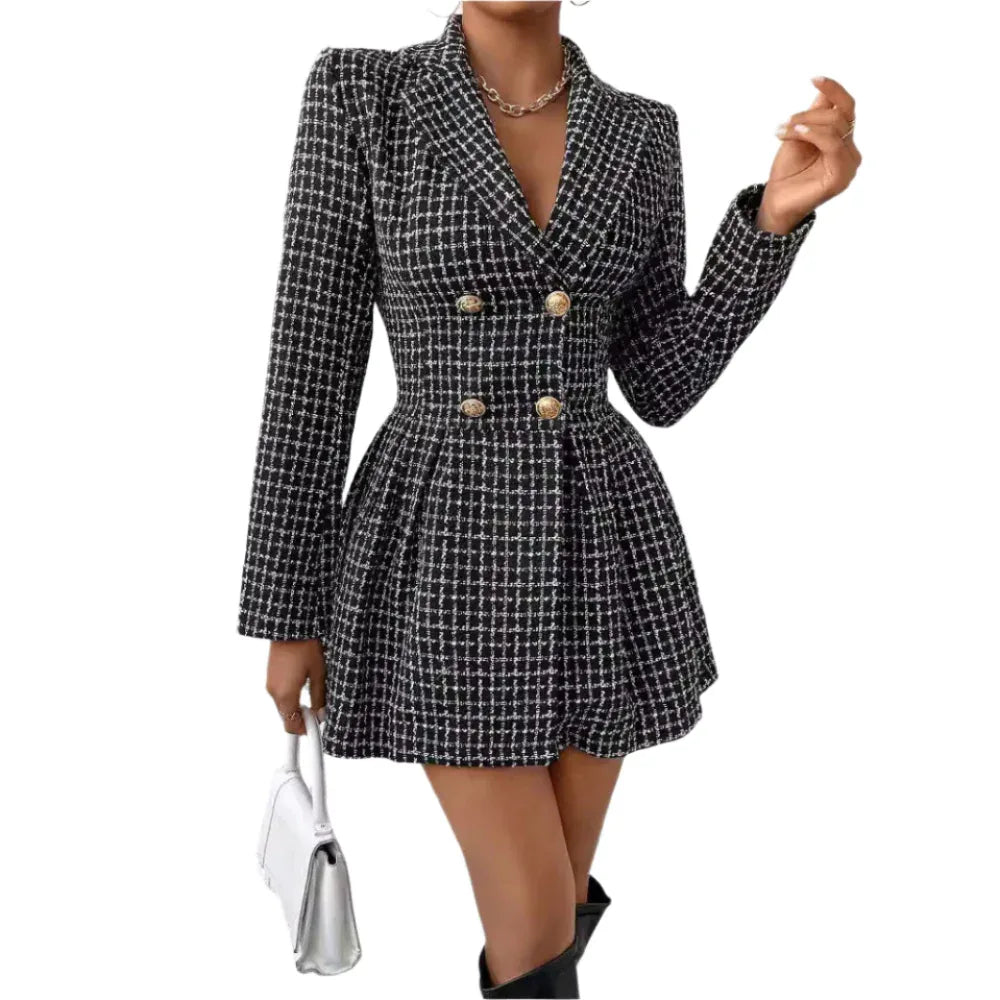 Fashion Plaid Temperament Commute V-Neck Long Sleeve Coat