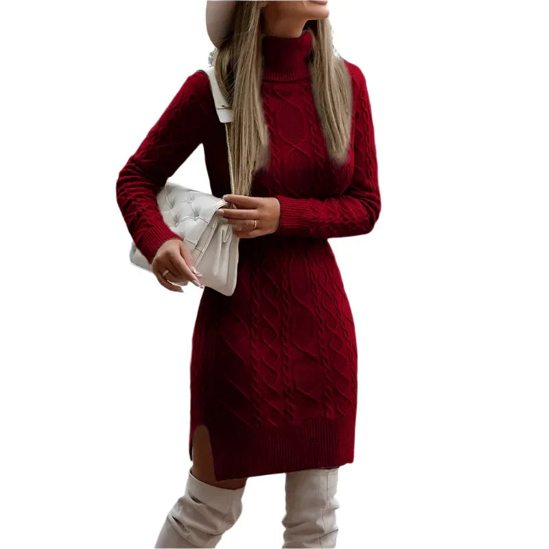 Fashionable Warm Turtleneck Knitted Dress With Slit Design