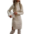 Fashionable Warm Turtleneck Knitted Dress With Slit Design