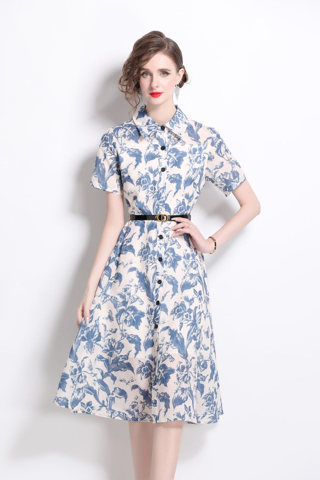 Floral Cinched Waist A Line Work Shirt Dress