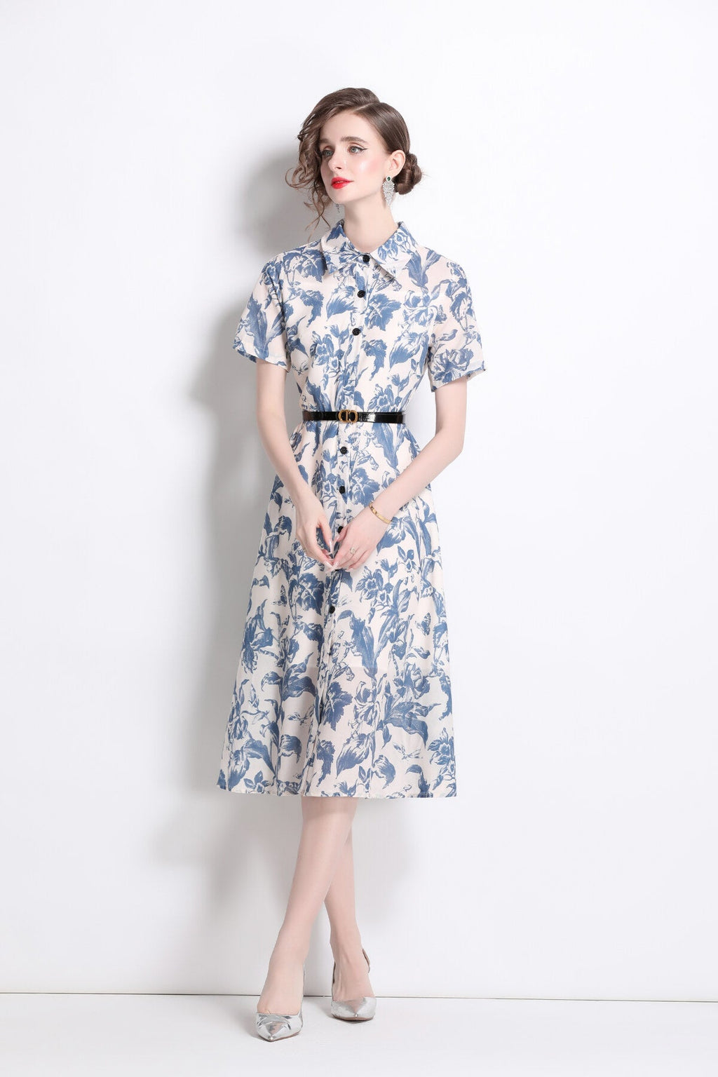 Floral Cinched Waist A Line Work Shirt Dress