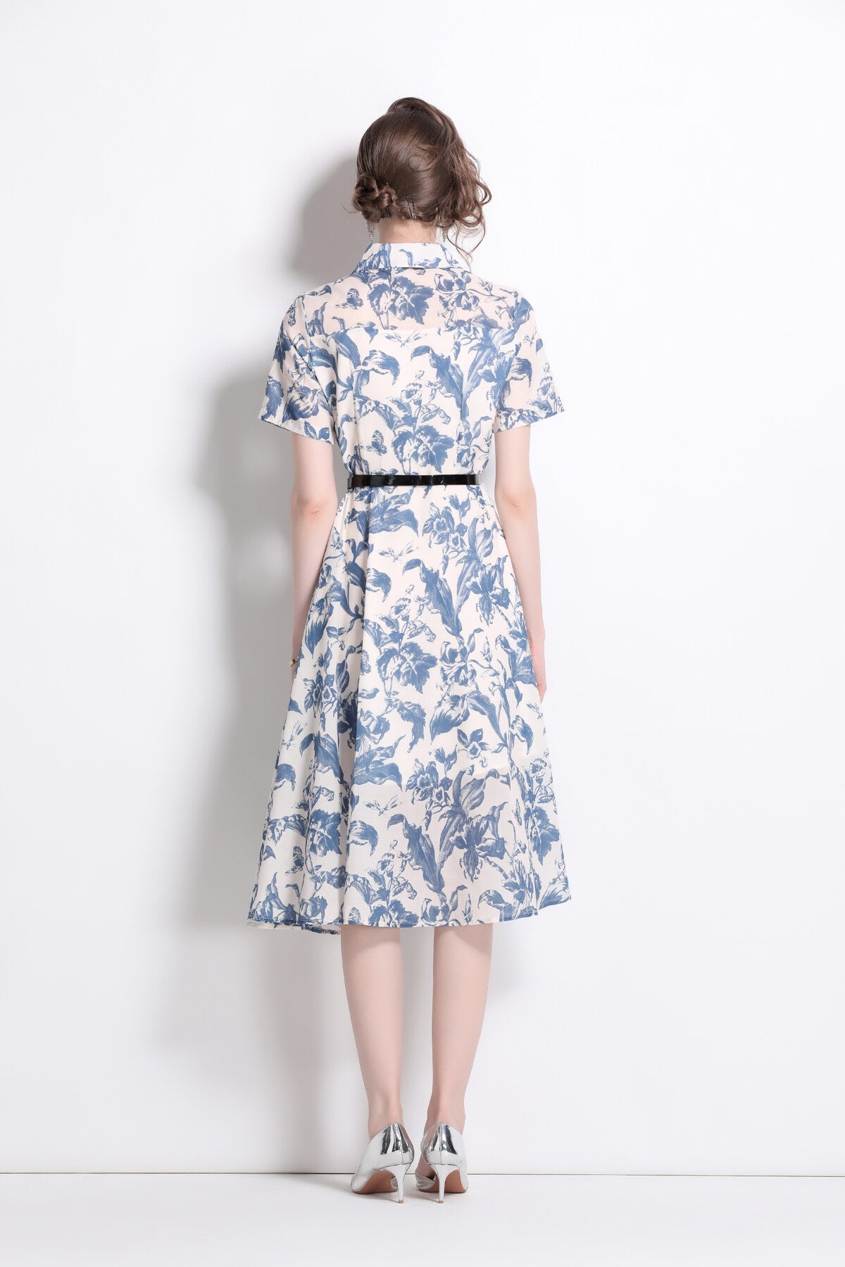 Floral Cinched Waist A Line Work Shirt Dress
