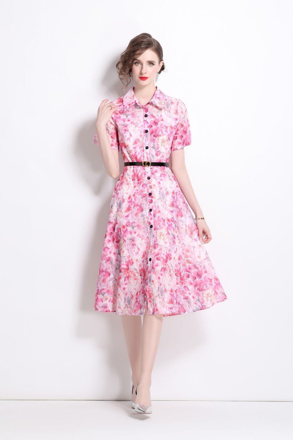 Floral Cinched Waist A Line Work Shirt Dress