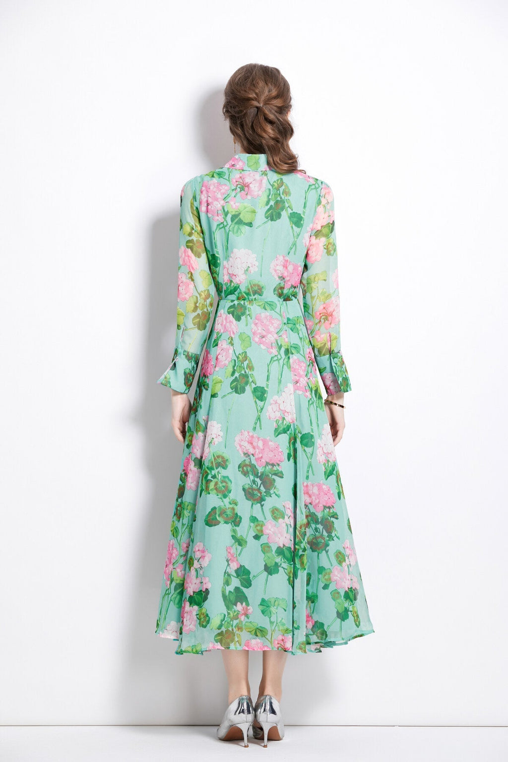 Floral Green Flared Waist Cinching LongSleeve Shirt Dress