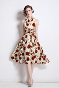 Floral High Waisted Slimming Halter Neck Beige A Line Dress