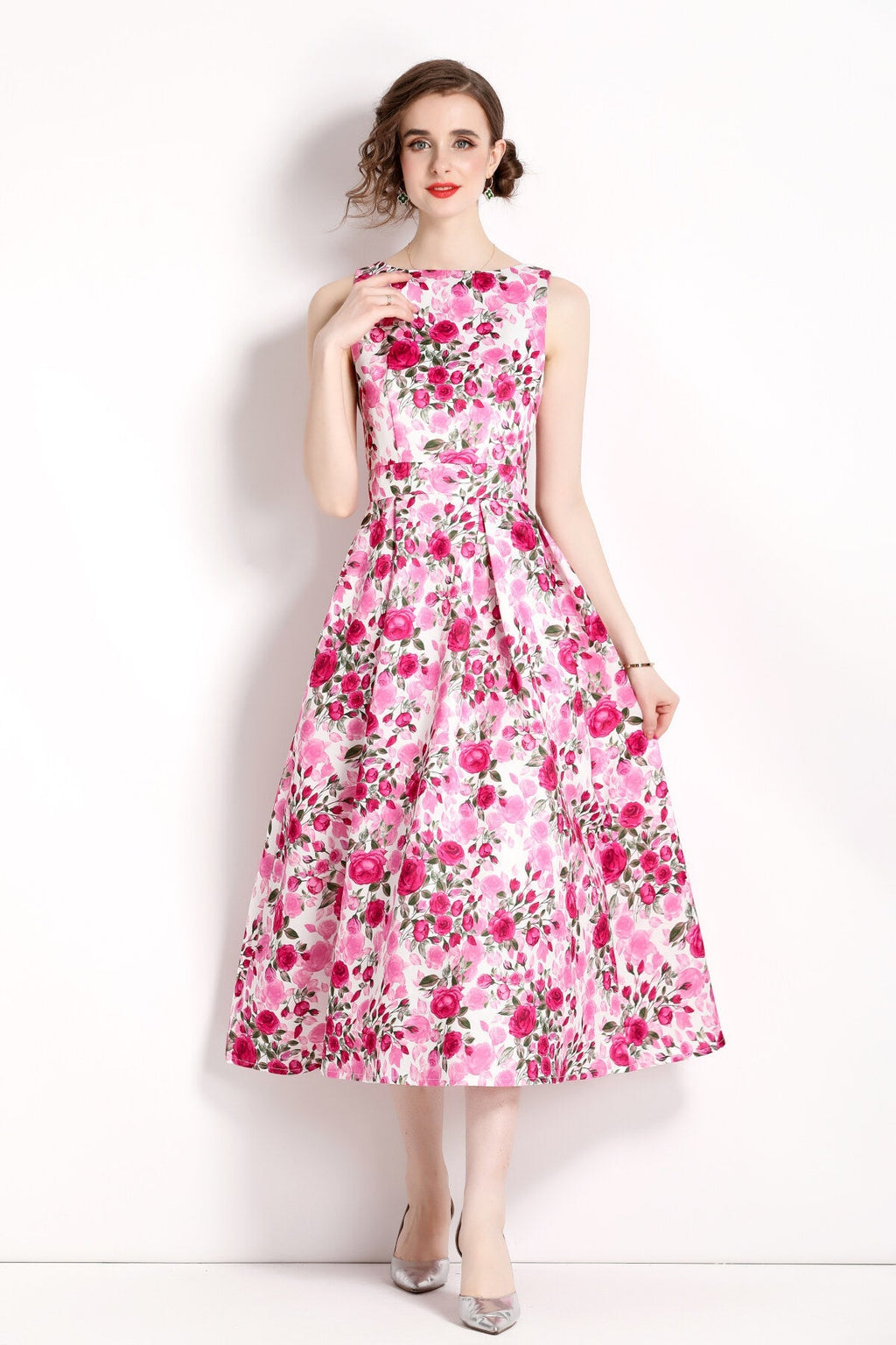 Floral Pink Sleeveless Midi Dress