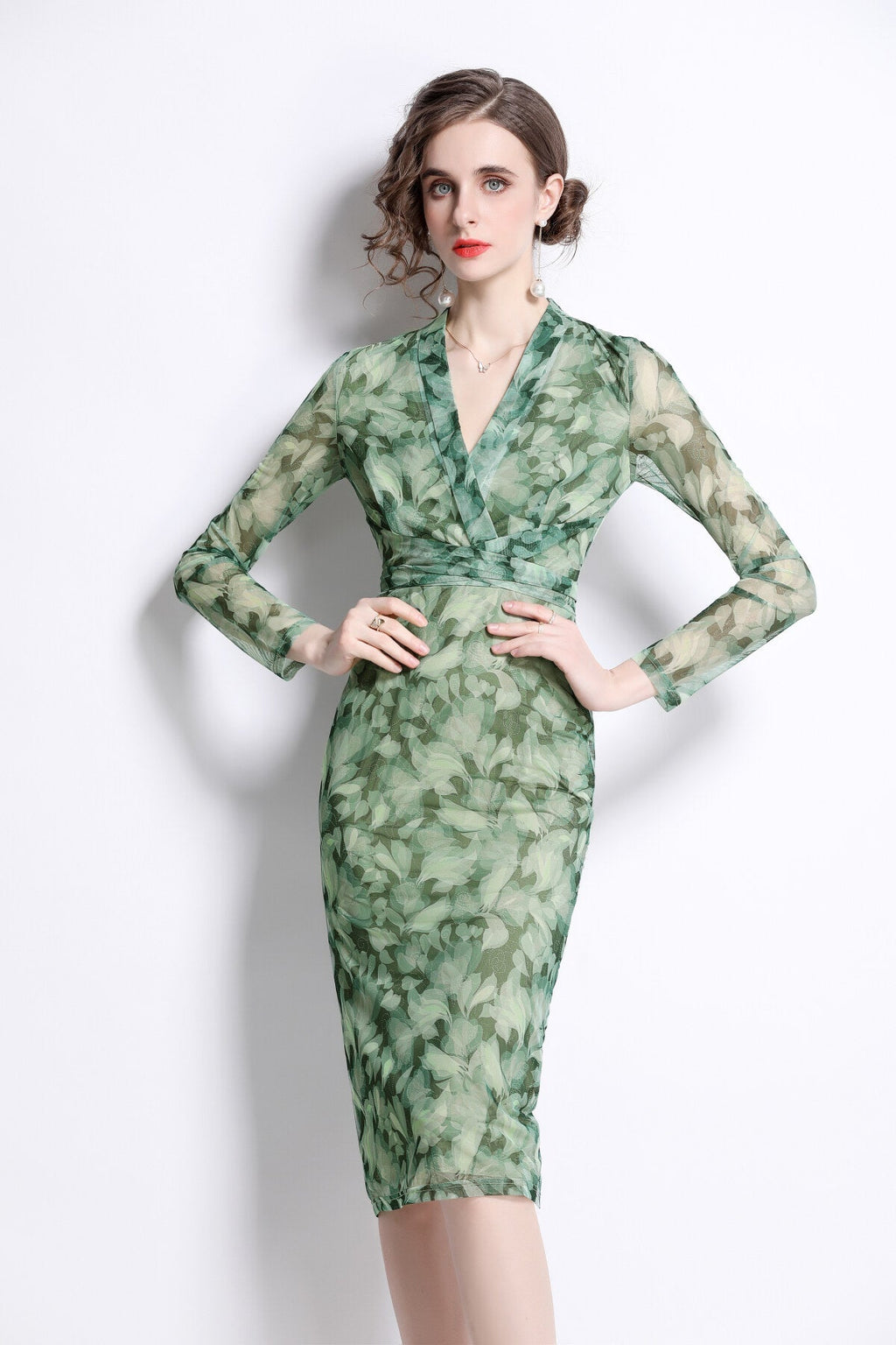 Form Fitting V Neck Mesh Floral Green Tea Dress