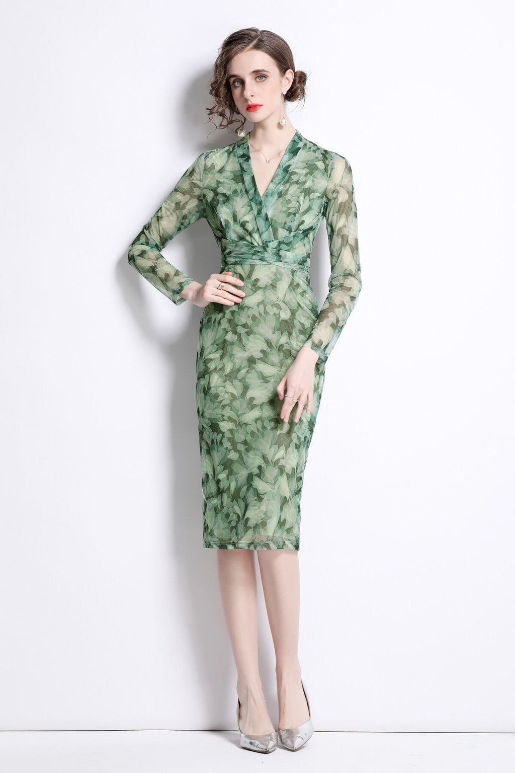 Form Fitting V Neck Mesh Floral Green Tea Dress