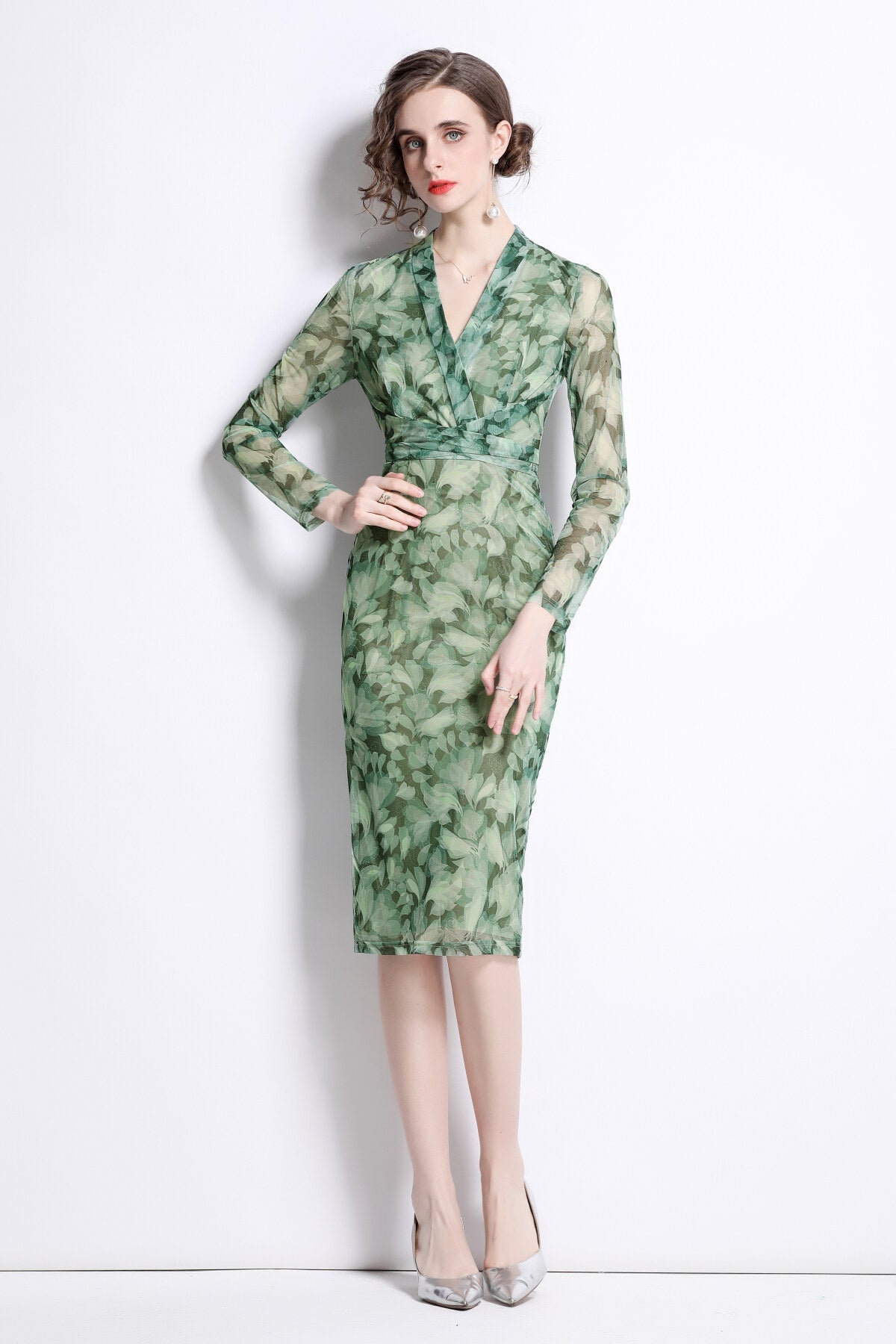 Form Fitting V Neck Mesh Floral Green Tea Dress
